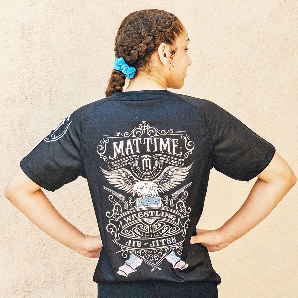 Women's black patriotic wrestling and jiu jitsu shirt.